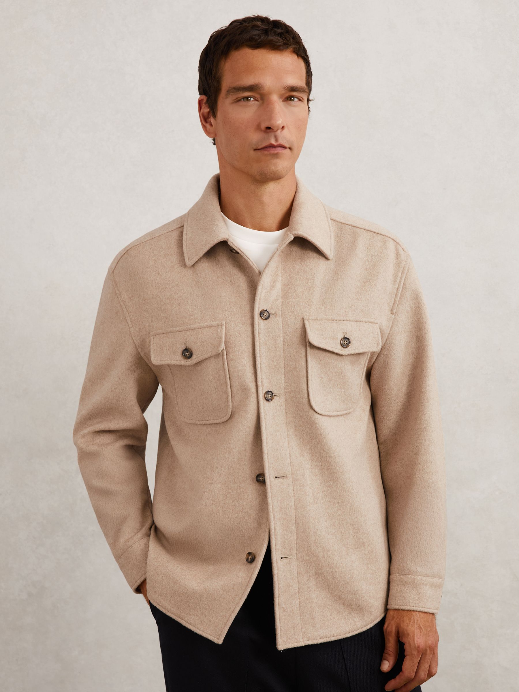 Buy Reiss Oatmeal Brown Liam Wool-Blend Twin-Pocket Overshirt from