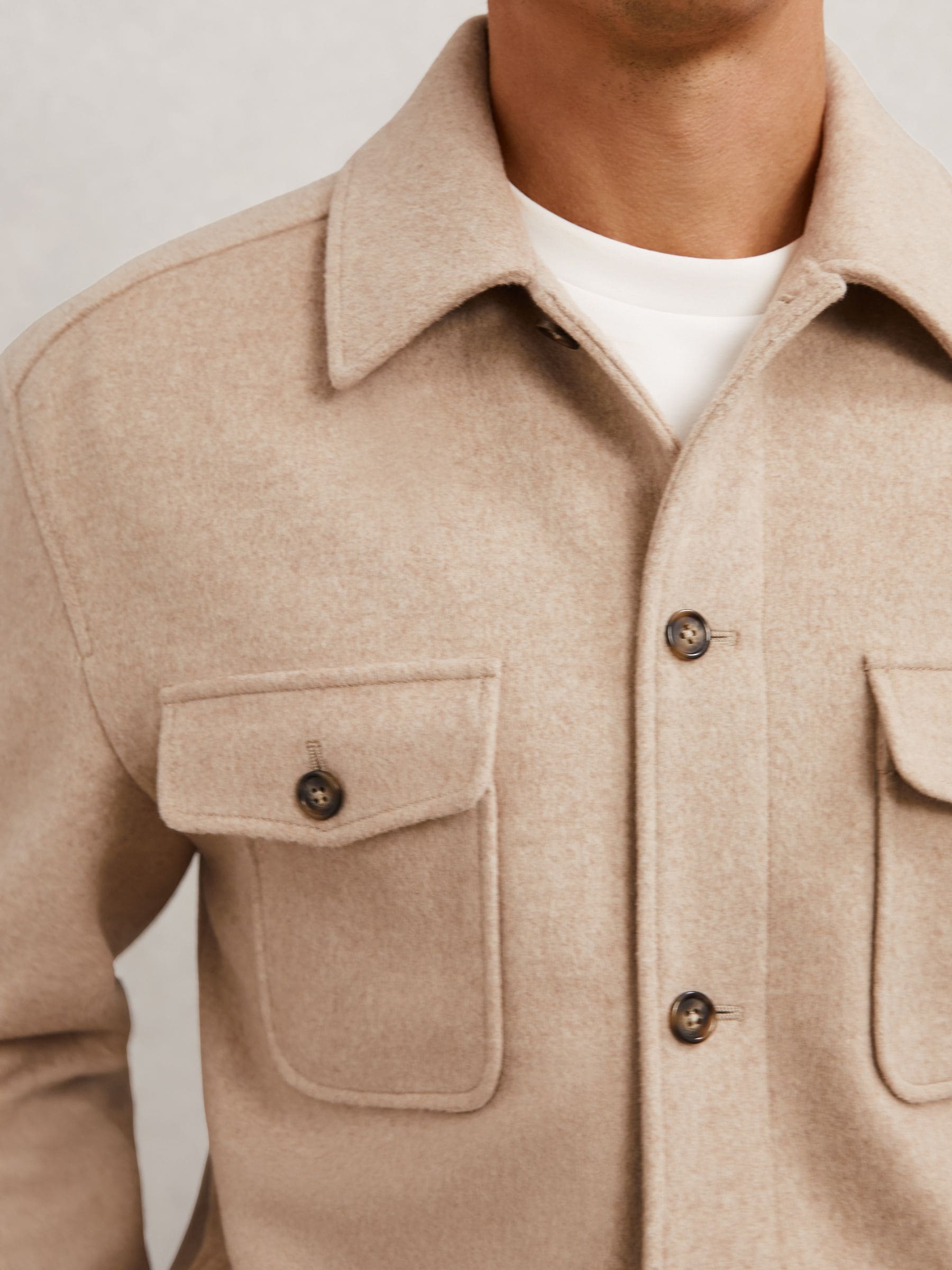 Buy Reiss Oatmeal Brown Liam Wool-Blend Twin-Pocket Overshirt from