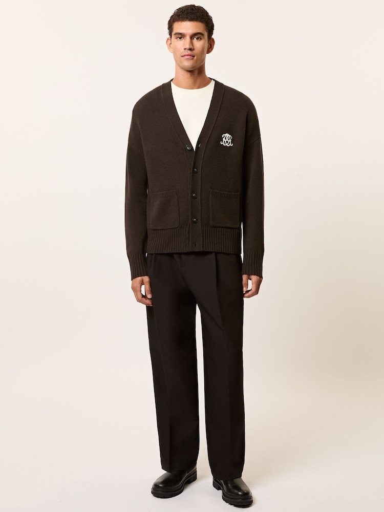 Reiss Brown Norris Monogram Embroidered Wool Cardigan - Image 1 of 7