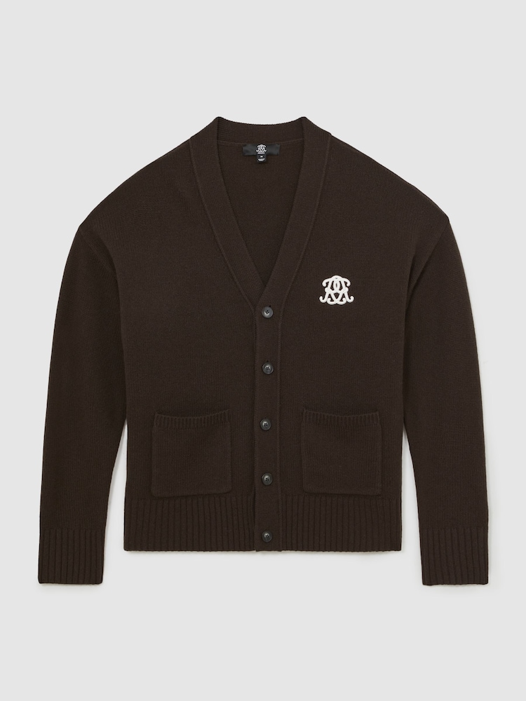 Reiss Brown Norris Monogram Embroidered Wool Cardigan - Image 2 of 7