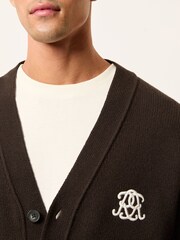 Reiss Brown Norris Monogram Embroidered Wool Cardigan - Image 4 of 7