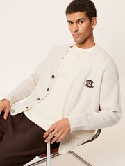 Reiss Off White Norris Monogram Embroidered Wool Cardigan - Image 1 of 6