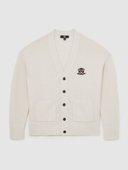 Reiss Off White Norris Monogram Embroidered Wool Cardigan - Image 2 of 6