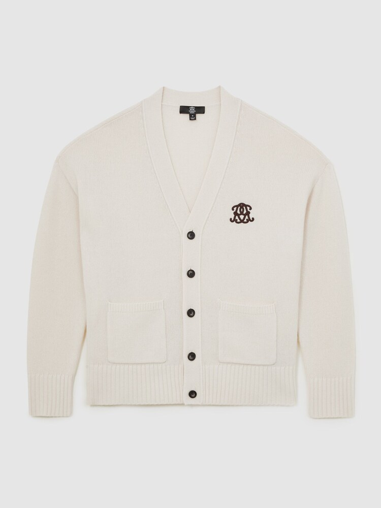 Reiss Off White Norris Monogram Embroidered Wool Cardigan - Image 2 of 6
