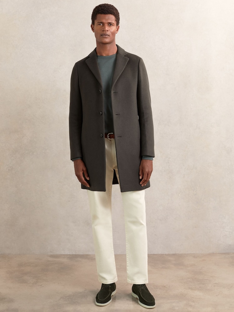 Reiss Dark Khaki Green Gable Woo Blend Single-Breasted Overcoat - Image 1 of 6 Reiss Dark Khaki Green Gable Woo Blend Single-Breasted Overcoat - Image 1 of 6
