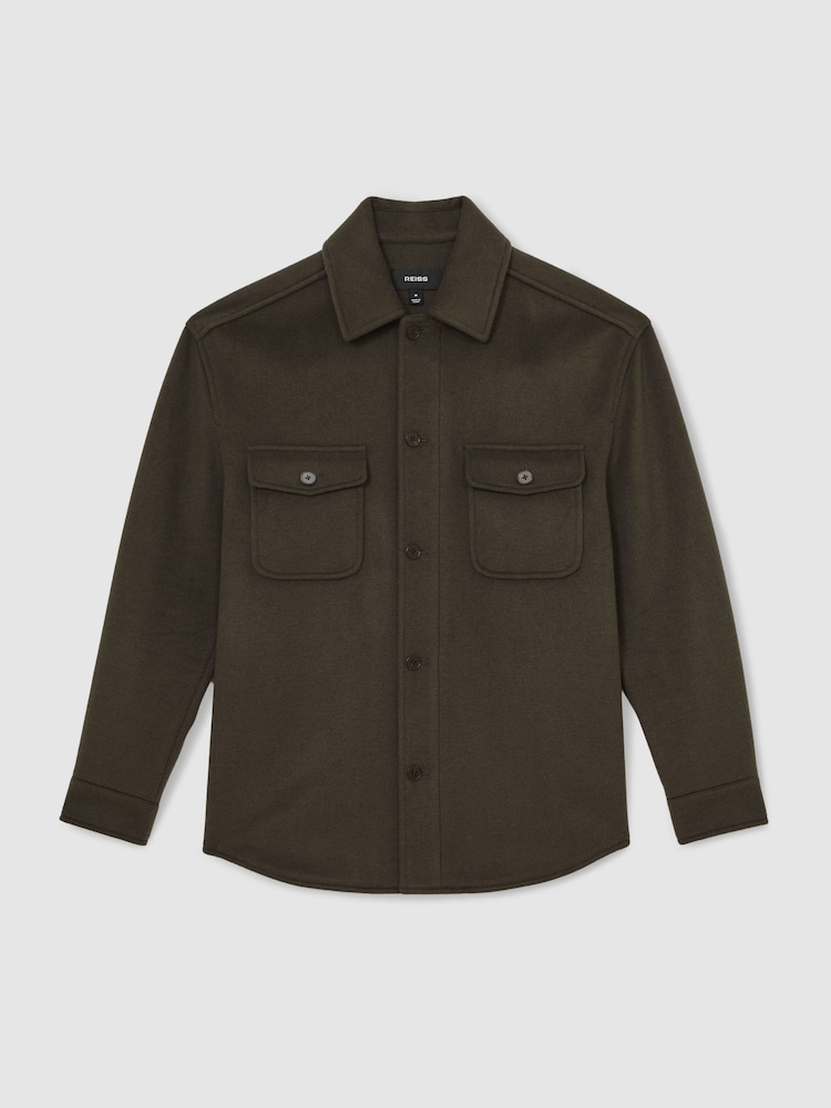 Reiss Khaki Green Liam Wool-Blend Twin-Pocket Overshirt - Image 2 of 6