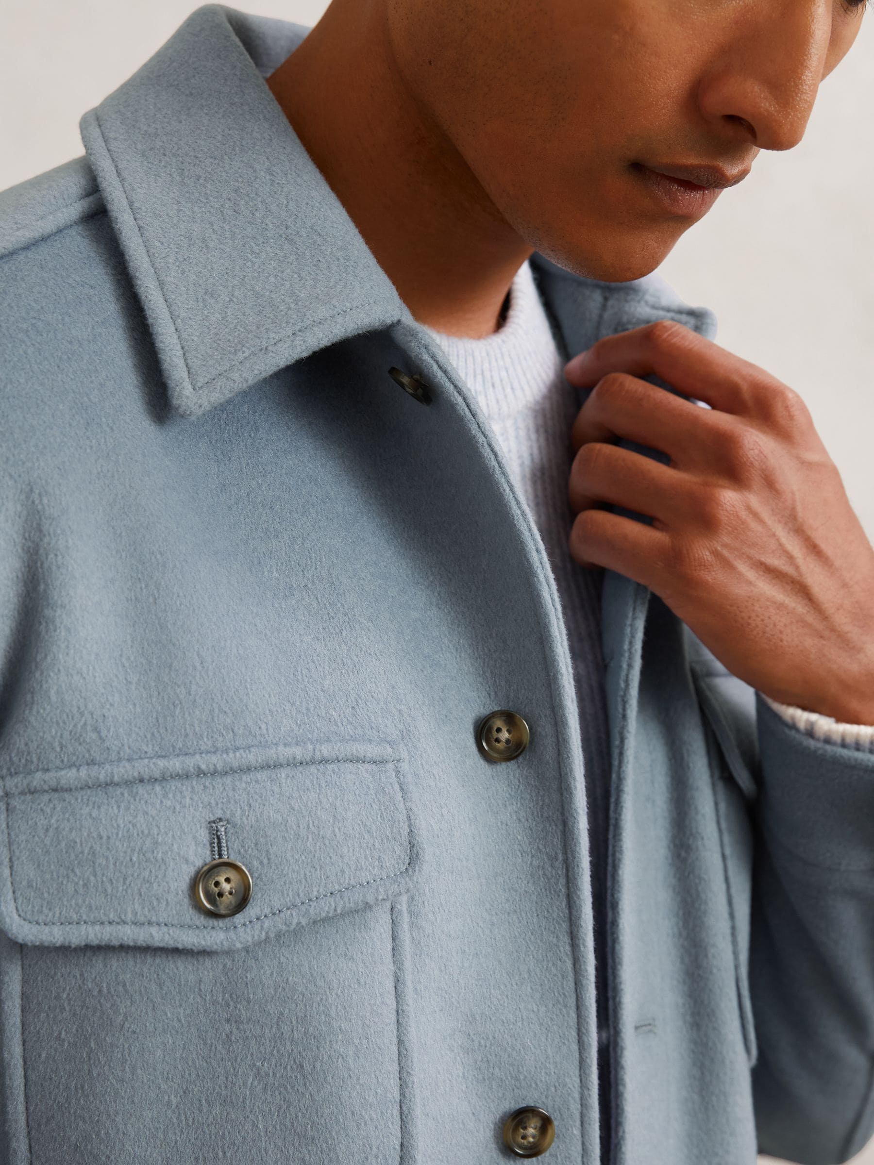 Buy Reiss Soft Blue Liam Wool-Blend Twin-Pocket Overshirt from