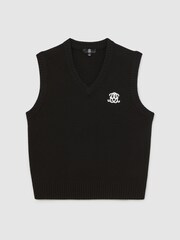 Reiss Black Crosby Monogram Embroidered Wool Knit Vest - Image 2 of 6