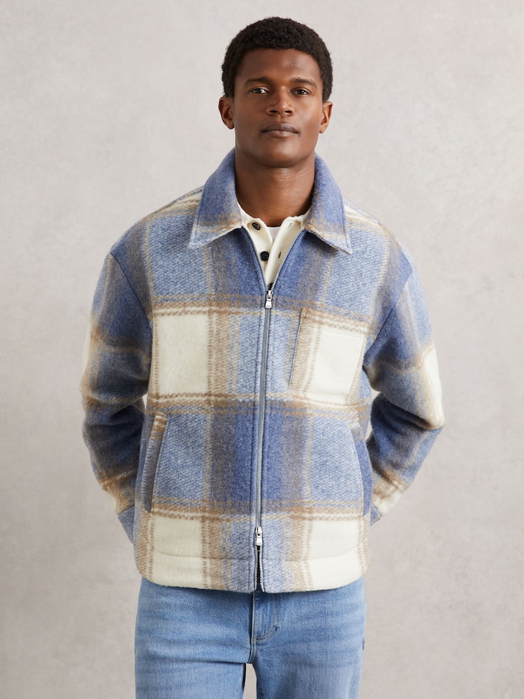 Reiss Stone/Blue Morton Zip-Through Check Overshirt - Image 1 of 6