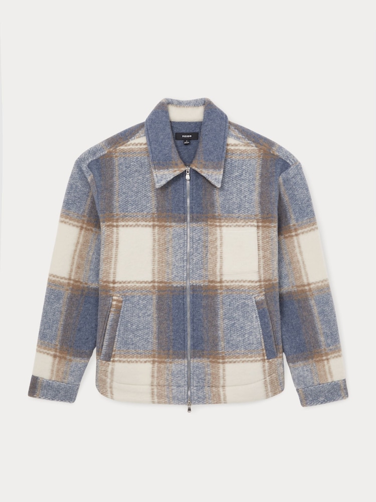 Reiss Stone/Blue Morton Zip-Through Check Overshirt - Image 2 of 6