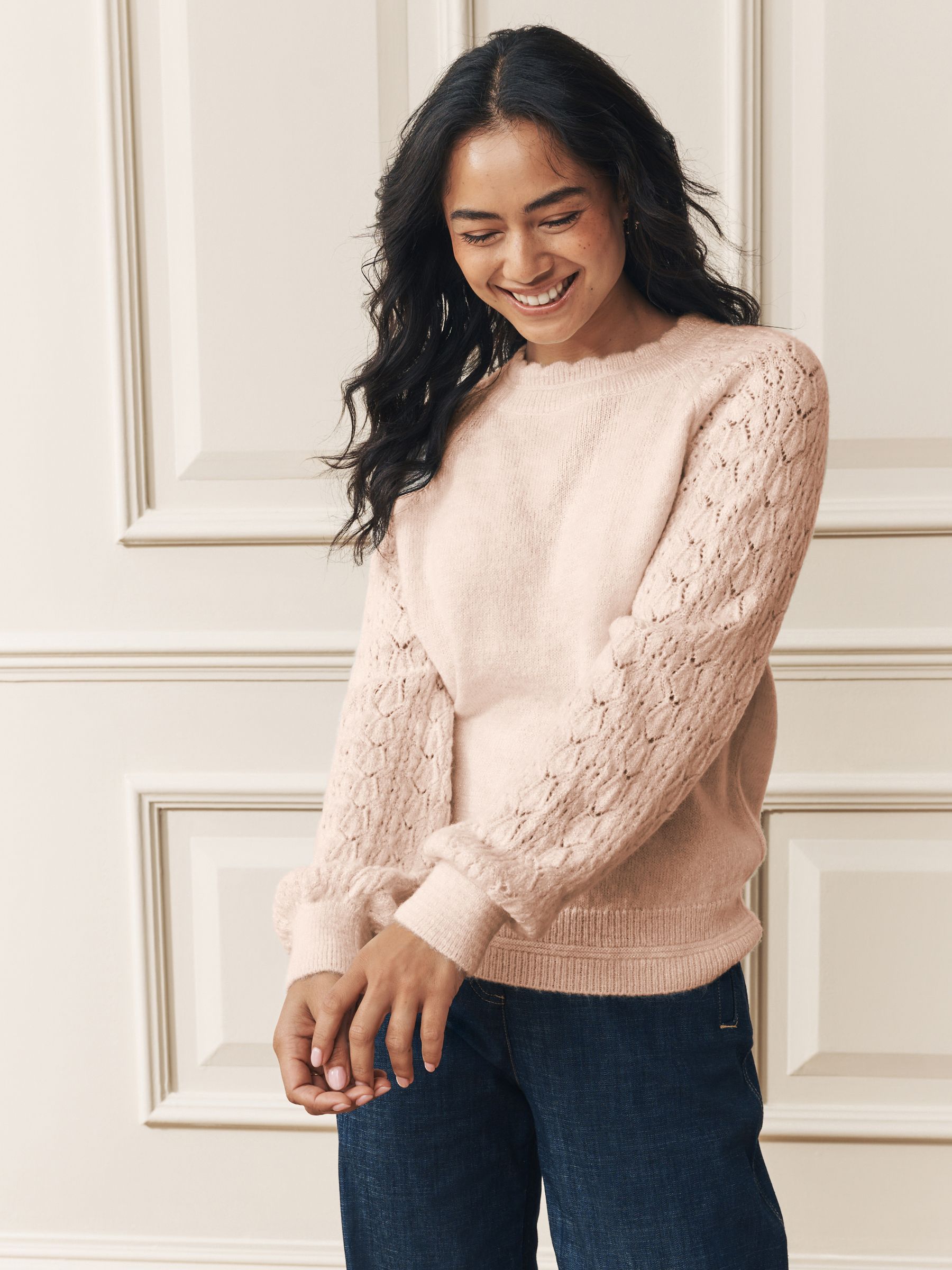 Buy Laura Ashley Natural Pointelle Scallop Edge Crew Neck Knit