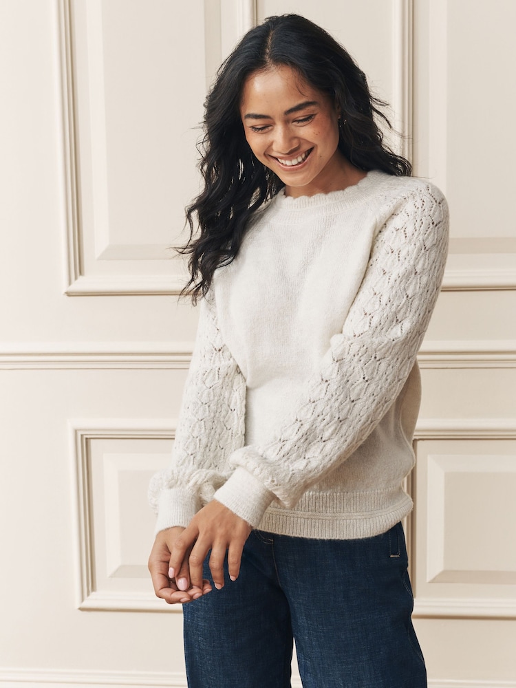 Laura Ashley Ecru Pointelle Scallop Edge Crew Neck Knit Jumper - Image 1 of 5 Laura Ashley Ecru Pointelle Scallop Edge Crew Neck Knit Jumper - Image 1 of 5