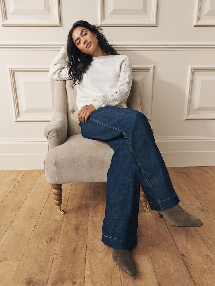 Laura Ashley Ecru Pointelle Scallop Edge Crew Neck Knit Jumper - Image 2 of 5 Laura Ashley Ecru Pointelle Scallop Edge Crew Neck Knit Jumper - Image 2 of 5