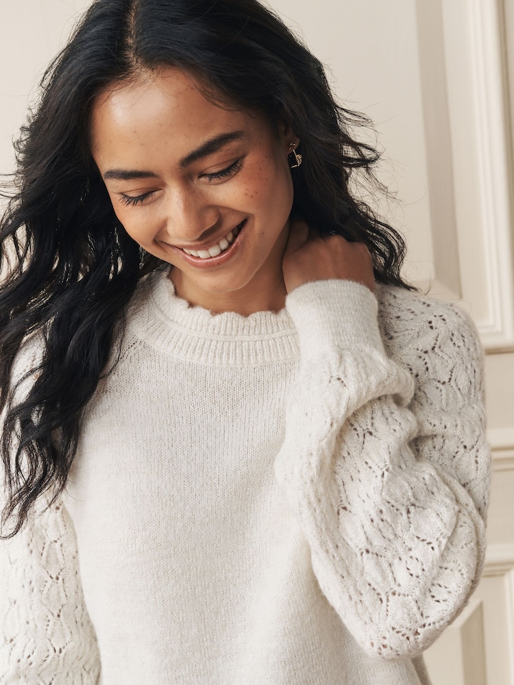 Laura Ashley Ecru Pointelle Scallop Edge Crew Neck Knit Jumper - Image 5 of 5 Laura Ashley Ecru Pointelle Scallop Edge Crew Neck Knit Jumper - Image 5 of 5