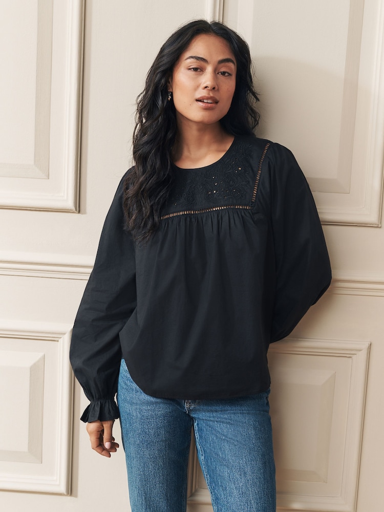 Laura Ashley Black Cotton Long Sleeve Ladder Embroidered Balloon Sleeve Blouse - Image 1 of 6 Laura Ashley Black Cotton Long Sleeve Ladder Embroidered Balloon Sleeve Blouse - Image 1 of 6