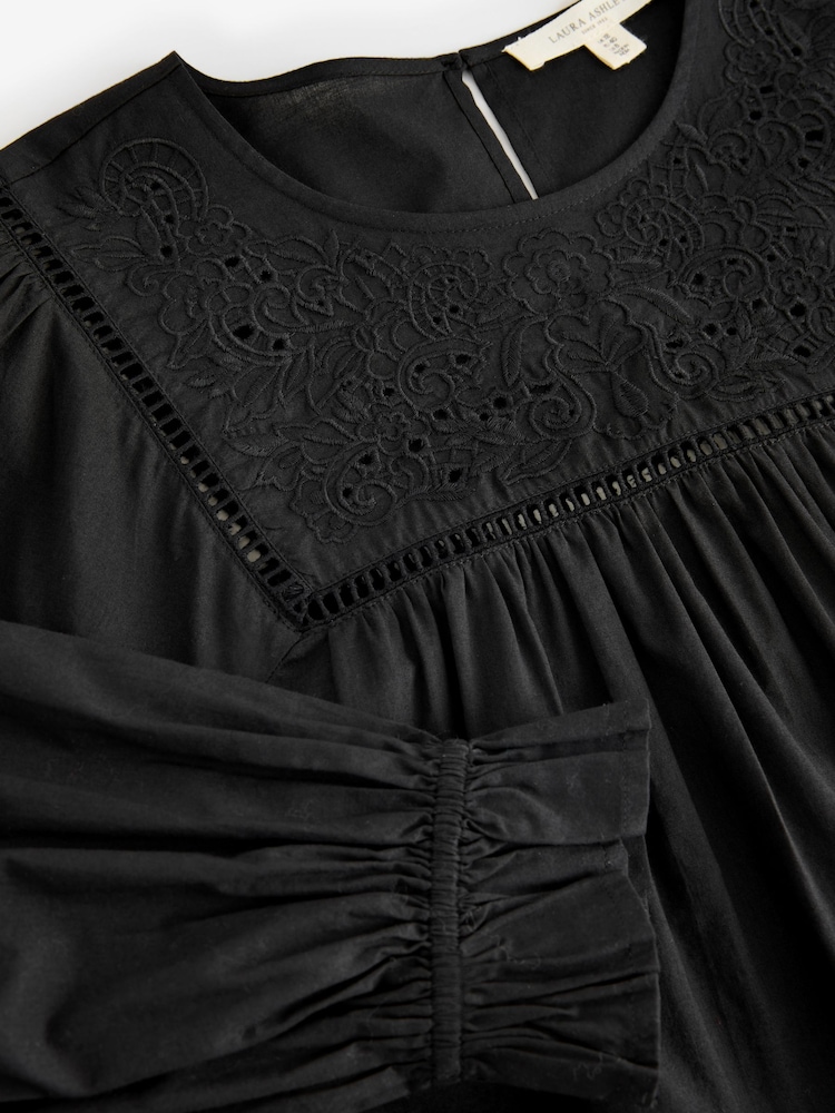 Laura Ashley Black Cotton Long Sleeve Ladder Embroidered Balloon Sleeve Blouse - Image 2 of 6 Laura Ashley Black Cotton Long Sleeve Ladder Embroidered Balloon Sleeve Blouse - Image 2 of 6
