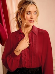 Love & Roses Red Scallop Detail Long Sleeve Shirt - Image 1 of 4