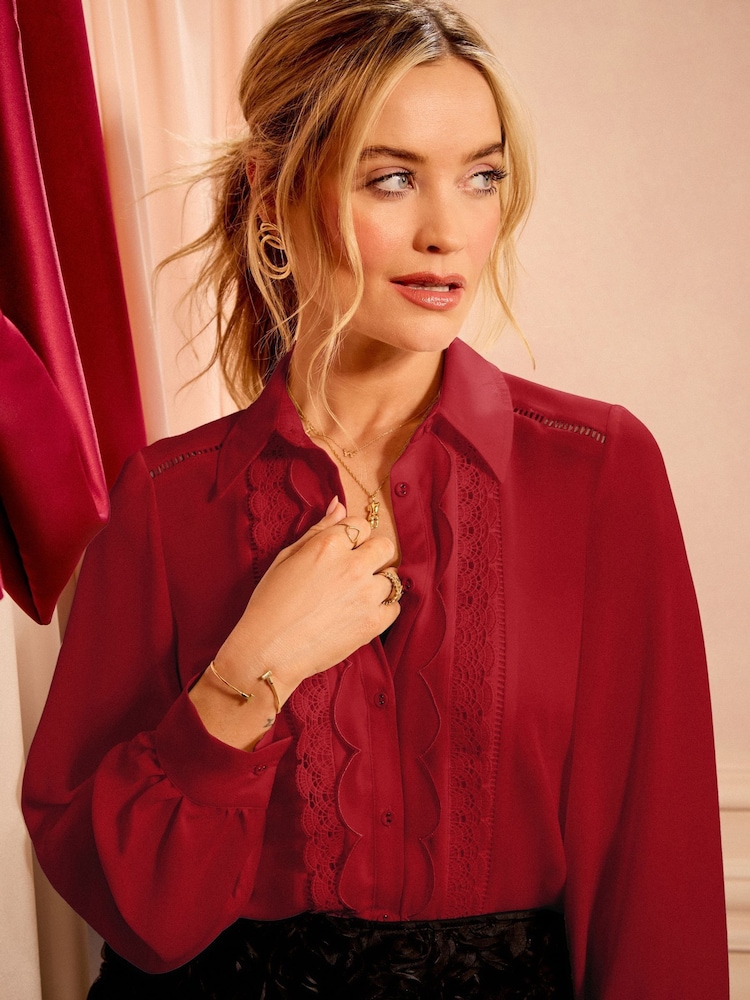Love & Roses Red Scallop Detail Long Sleeve Shirt - Image 1 of 4