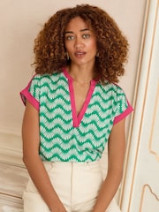 Love & Roses Green Geo Wave Stripe Pink Contrast V-Neck Jersey T-Shirt - Image 1 of 4