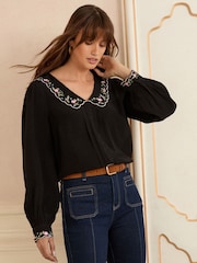 Love & Roses Black Embroidered Notch Neck Long Sleeve Blouse - Image 1 of 4