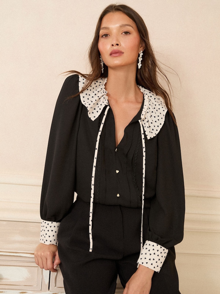 Love & Roses Black White Heart Petite Long Sleeve Contrast Collar Notch Neck Blouse - Image 1 of 5