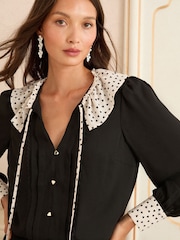 Love & Roses Black White Heart Petite Long Sleeve Contrast Collar Notch Neck Blouse - Image 2 of 5