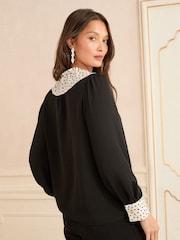 Love & Roses Black White Heart Petite Long Sleeve Contrast Collar Notch Neck Blouse - Image 4 of 5