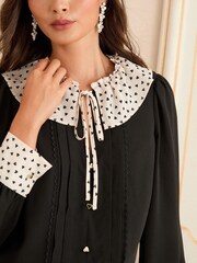 Love & Roses Black White Heart Petite Long Sleeve Contrast Collar Notch Neck Blouse - Image 5 of 5