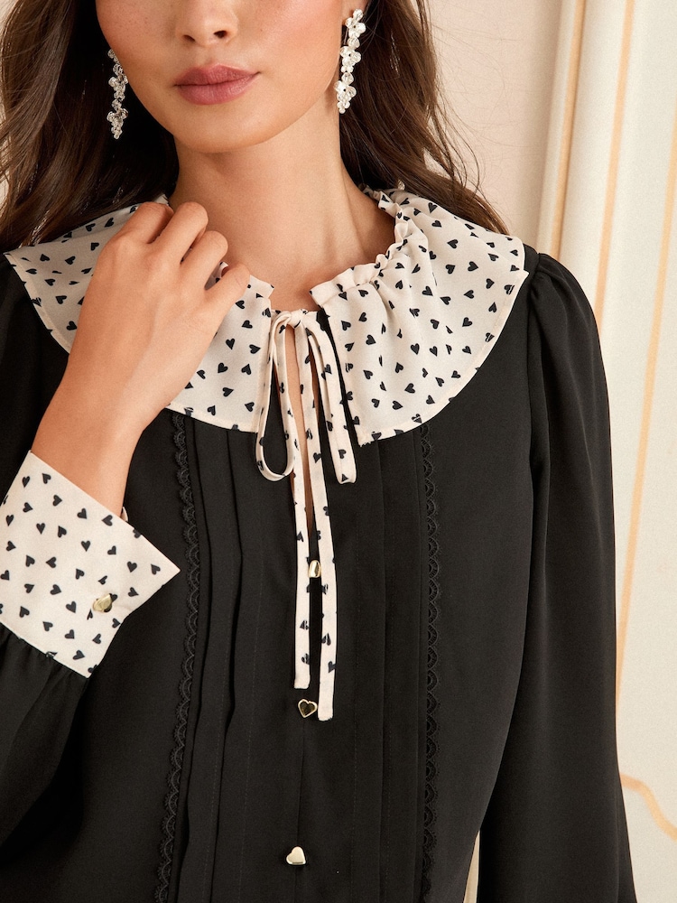 Love & Roses Black White Heart Petite Long Sleeve Contrast Collar Notch Neck Blouse - Image 5 of 5