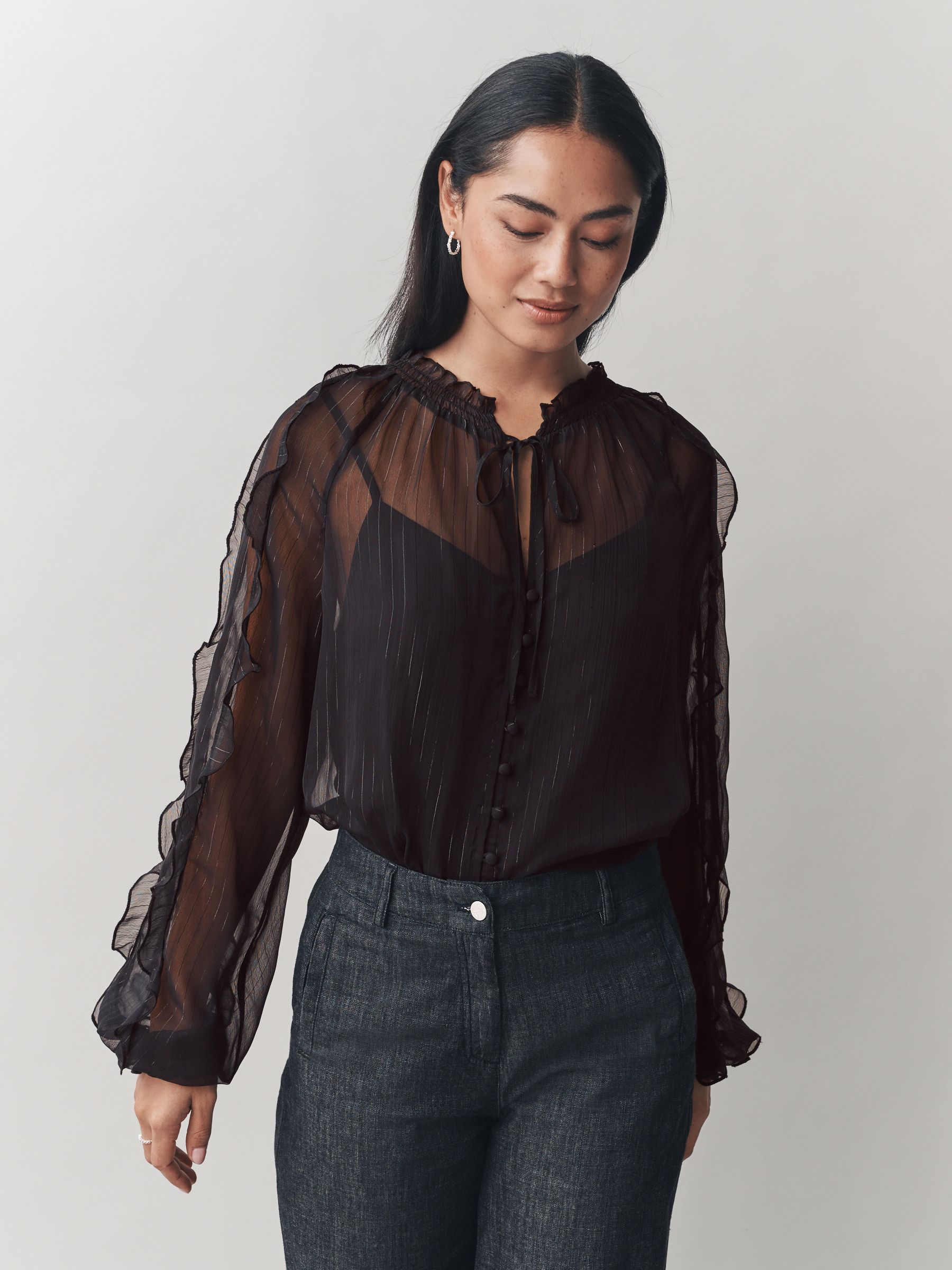 トップス Laura Buy Laura Ashley Black Chiffon Ruffle Blouse with Lurex from Next