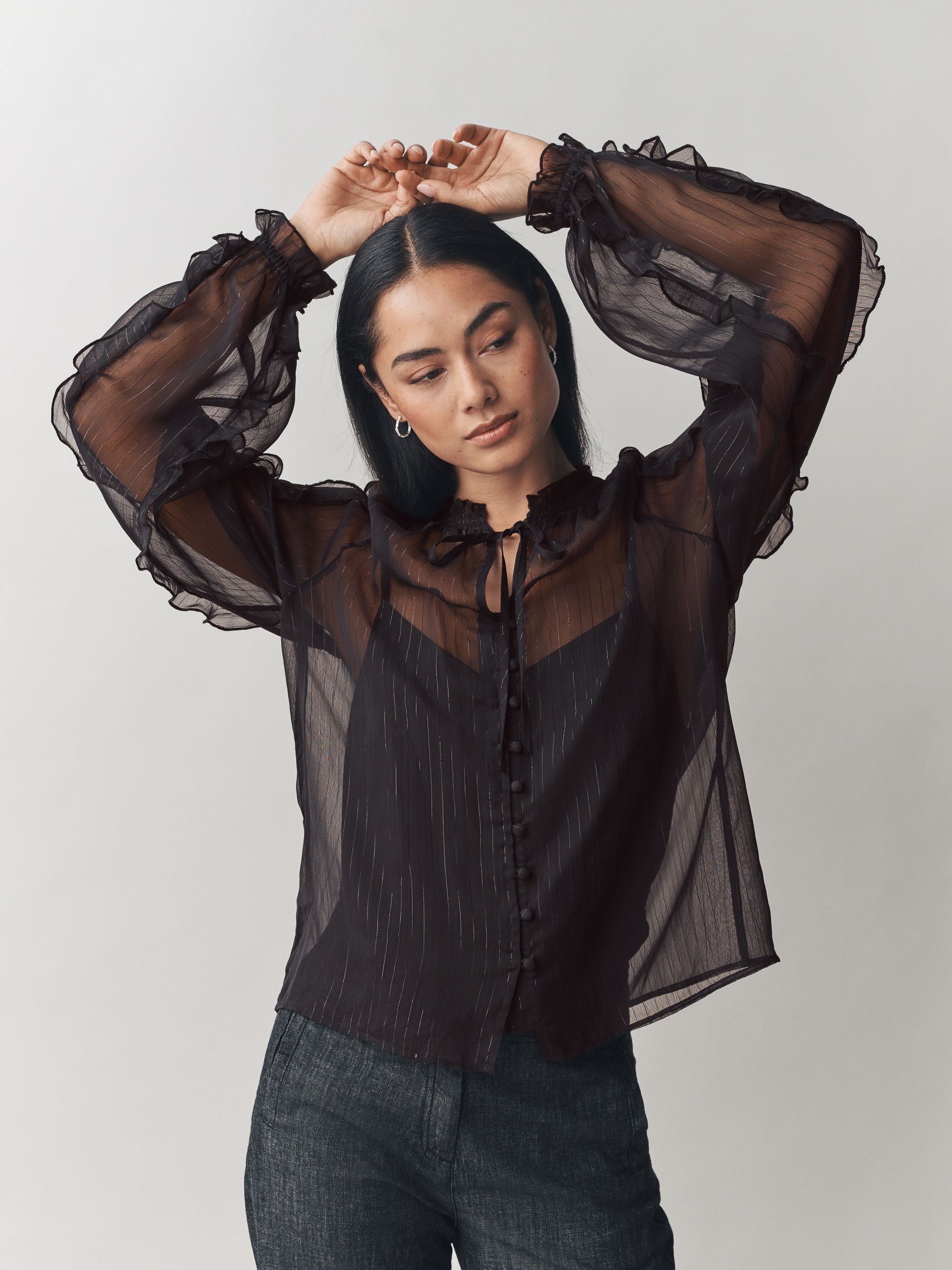 トップス Laura Buy Laura Ashley Black Chiffon Ruffle Blouse with Lurex from Next