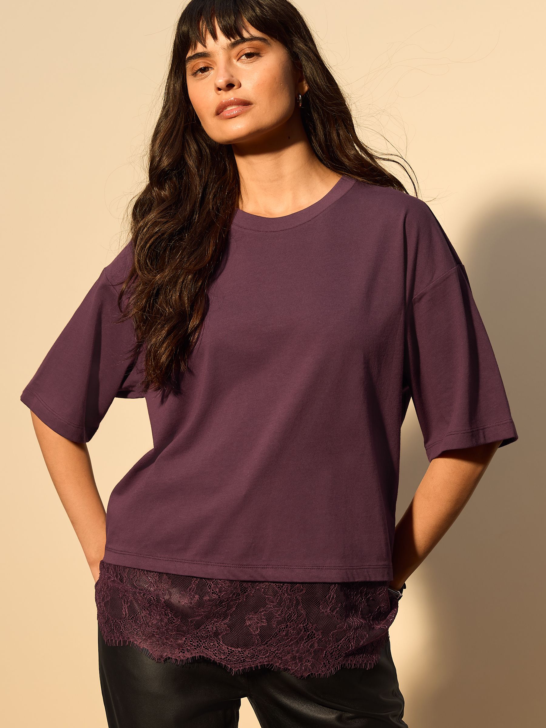 Buy Burgundy Red Short Sleeve Lace Hem T-Shirt from Next India
