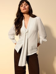 Ecru/Brown Spot Scarf Neck Long Sleeve Blouse - Image 1 of 7