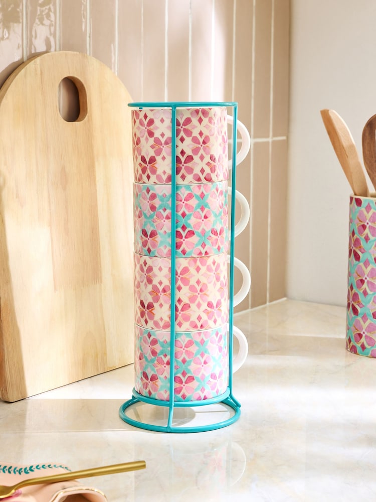 Set of 4 Pink Artist Floral Stacking Mugs With Wire Stand - Image 1 of 4