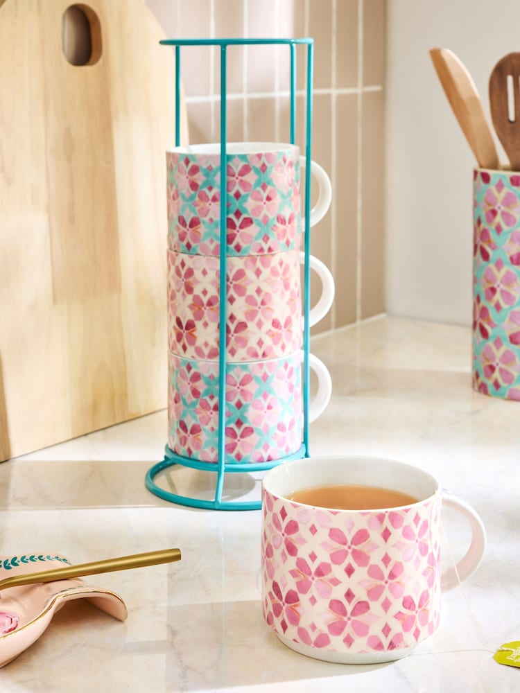 Set of 4 Pink Artist Floral Stacking Mugs With Wire Stand - Image 2 of 4