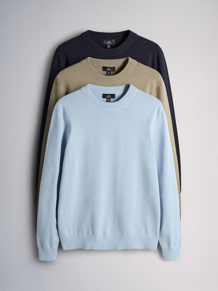 The Set 3 Pack Fine Gauge Cotton Crew Neck Jumper Blue/Green - Image 1 of 6