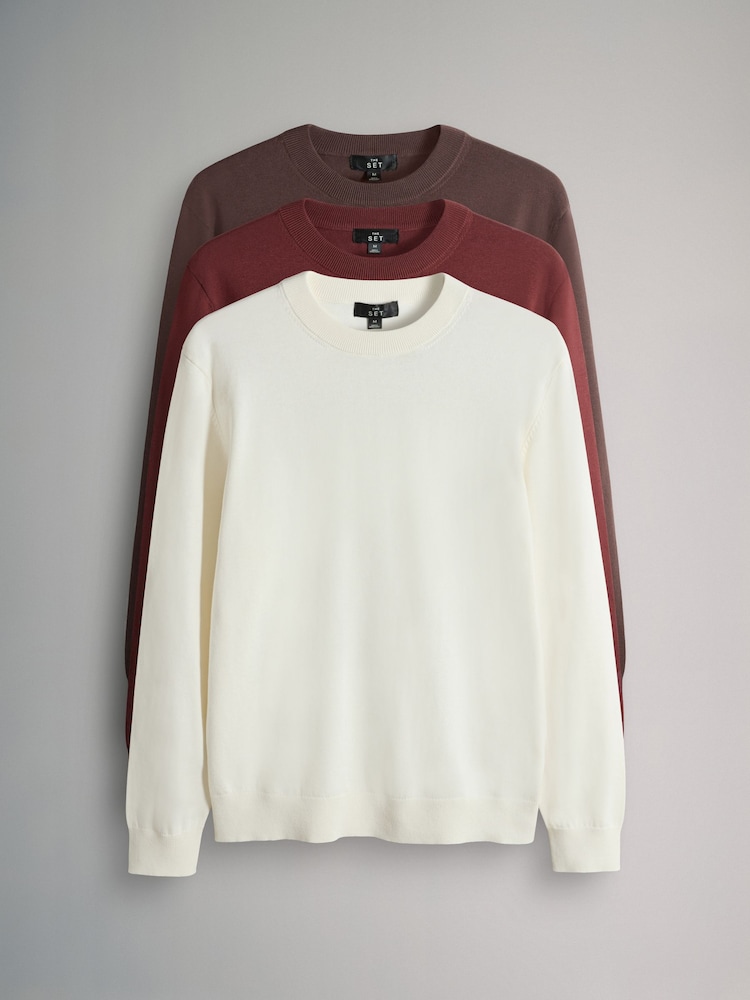 The Set 3 Pack Fine Gauge Cotton Crew Neck Jumper Red/Cream - Image 2 of 5