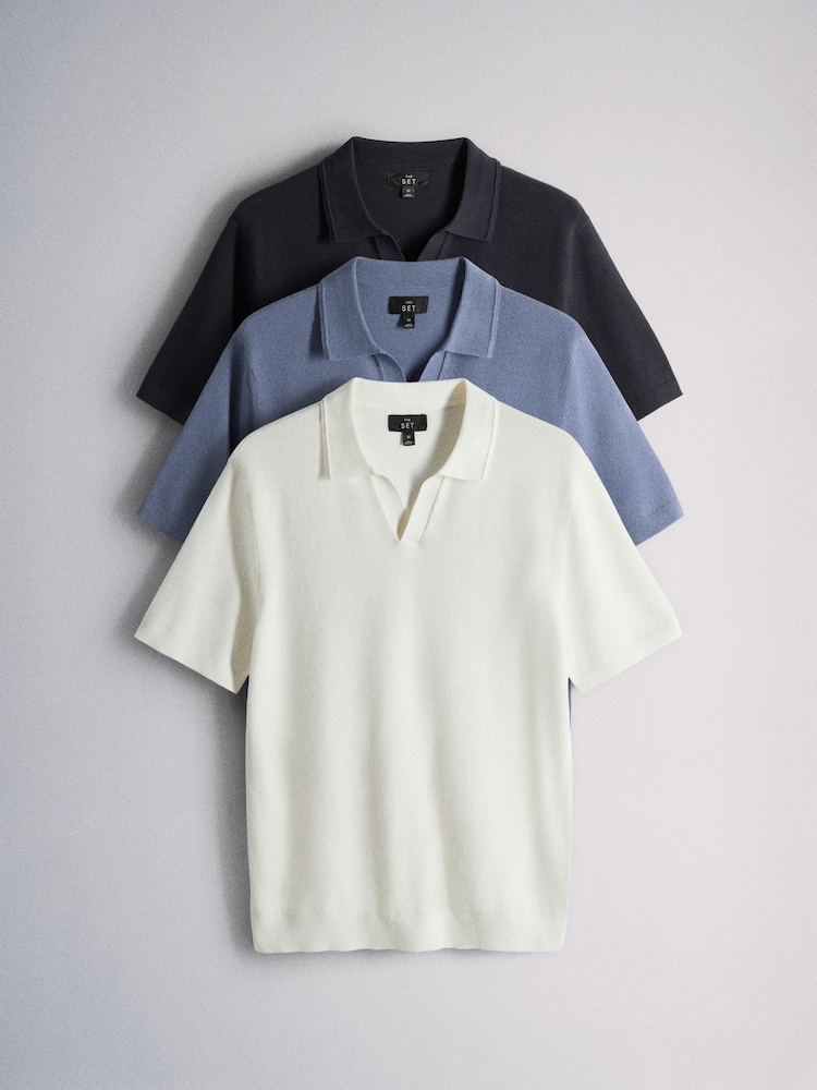 The Set 3 Pack Fine Gauge Cotton Blend Trophy Neck Short Sleeve Jumpers Navy/White - Image 2 of 10 The Set 3 Pack Fine Gauge Cotton Blend Trophy Neck Short Sleeve Jumpers Navy/White - Image 2 of 10