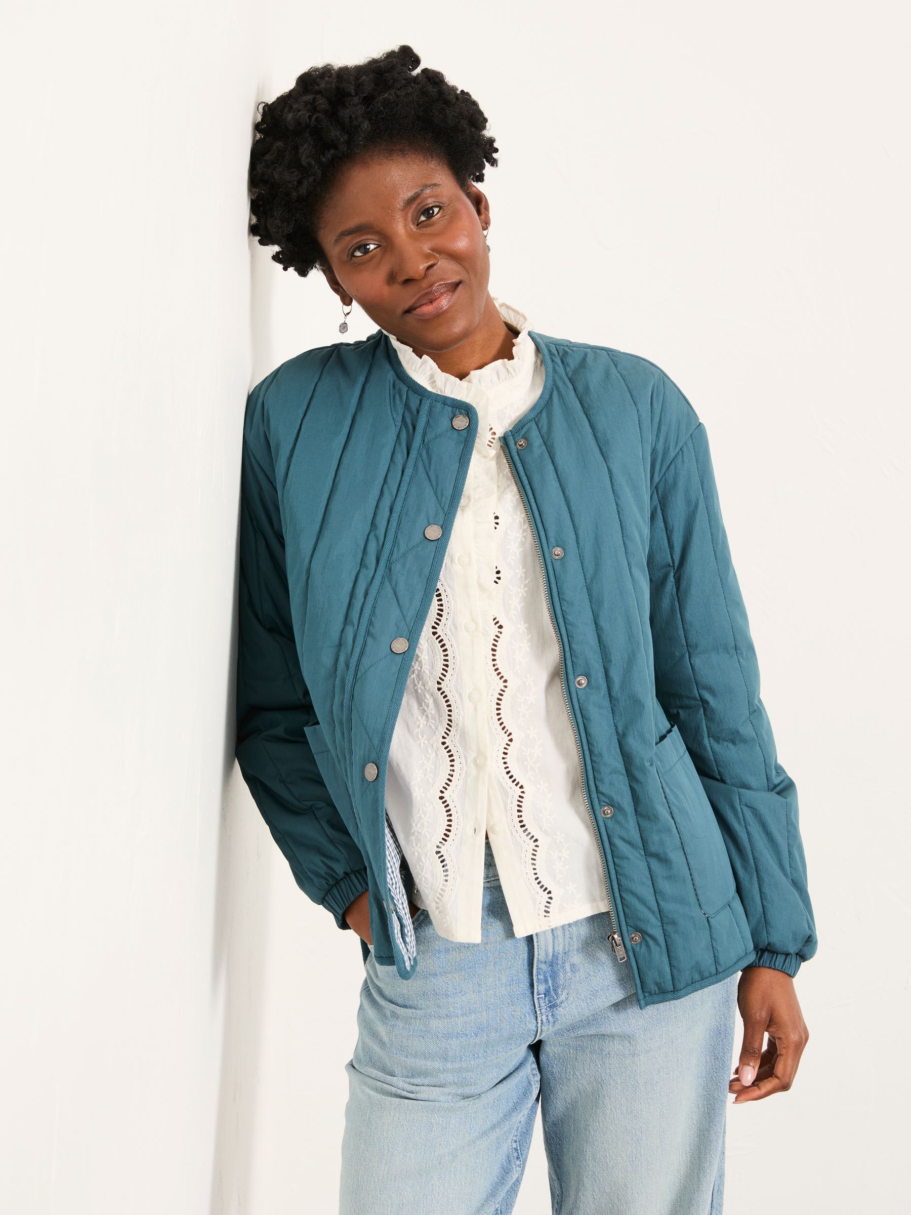 FatFace Raya Quilted Jacket for Women, Teal Blue Cotton Blend, Size 12
