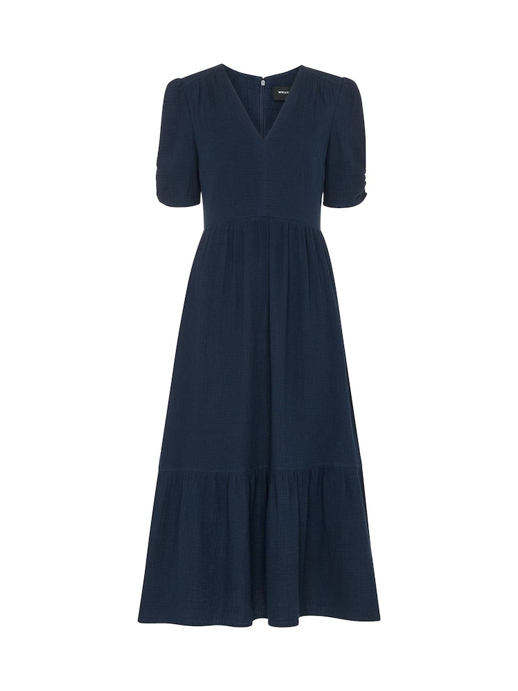 Whistles Blue Textured Cotton Midi Dress - Image 5 of 5