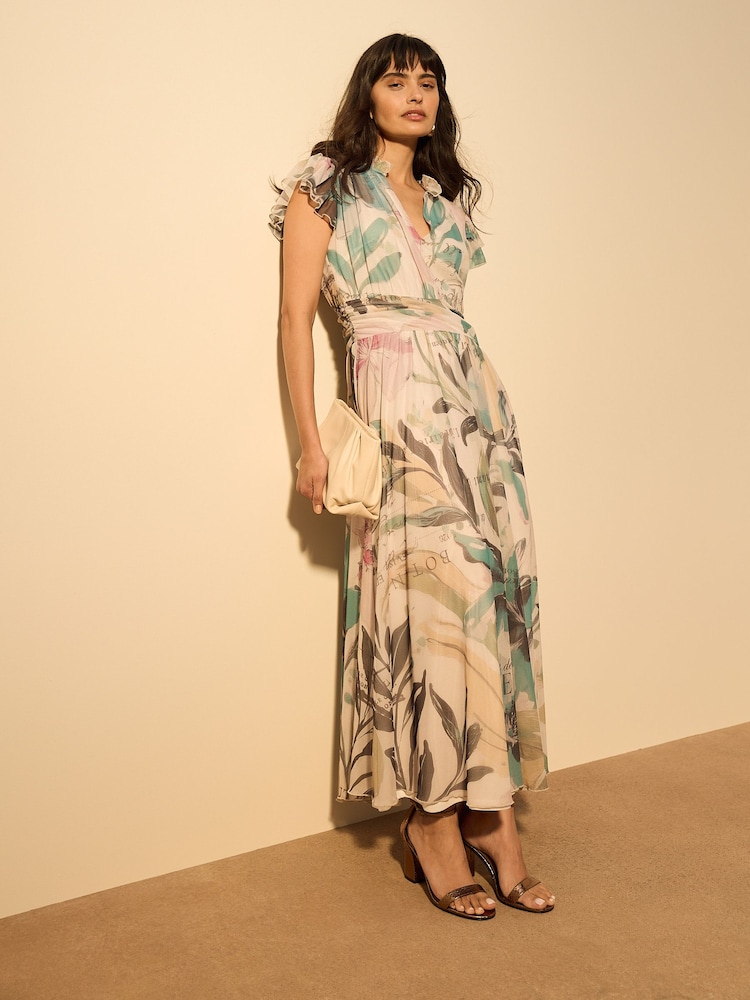 Ecru Floral Pleated Mesh Print V-Neck Occasion Maxi Dress - Image 2 of 4