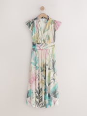 Ecru Floral - Robe longue Grande occasion à col en V Plissé en maille Imprimé - Image 5 de 7