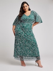 Yours Curve Green Luxe Embellished V-Neck Angel Sleeve Maxi Dress - Image 1 of 5