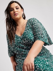 Yours Curve Green Luxe Embellished V-Neck Angel Sleeve Maxi Dress - Image 2 of 5