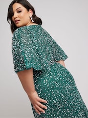 Yours Curve Green Luxe Embellished V-Neck Angel Sleeve Maxi Dress - Image 3 of 5