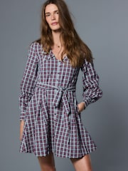 Navy Blue/Red Check Mini Long Sleeve Collared Shirt Dress - Image 1 of 9