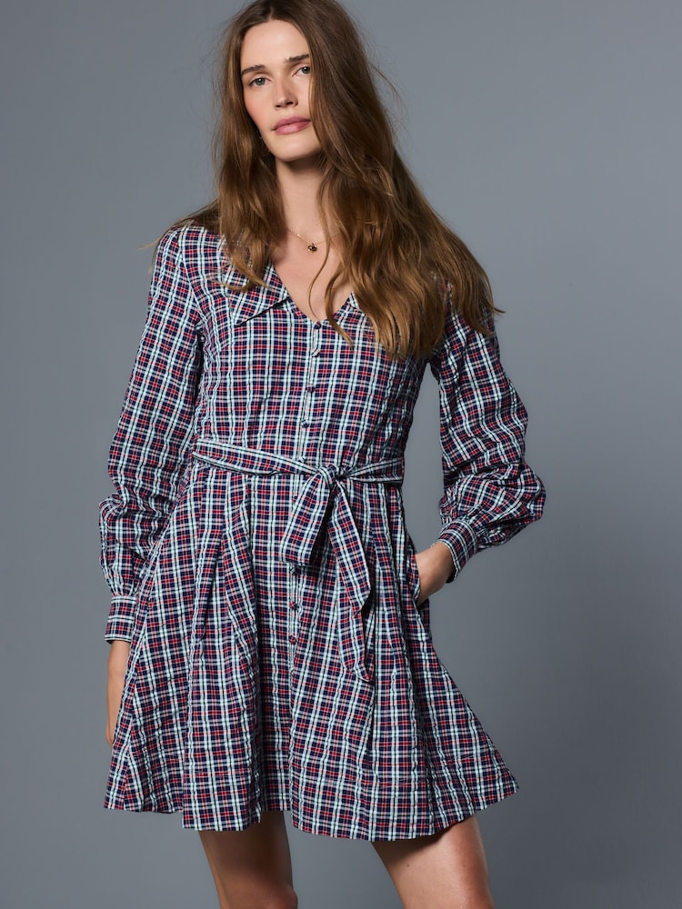 Navy Blue/Red Check Mini Long Sleeve Collared Shirt Dress - Image 1 of 9 Navy Blue/Red Check Mini Long Sleeve Collared Shirt Dress - Image 1 of 9