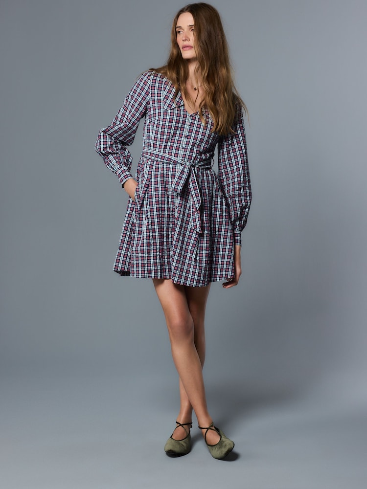 Navy Blue/Red Check Mini Long Sleeve Collared Shirt Dress - Image 2 of 9 Navy Blue/Red Check Mini Long Sleeve Collared Shirt Dress - Image 2 of 9