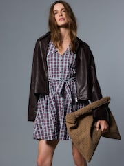 Navy Blue/Red Check Mini Long Sleeve Collared Shirt Dress - Image 3 of 9