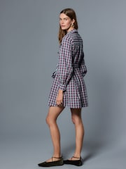 Navy Blue/Red Check Mini Long Sleeve Collared Shirt Dress - Image 4 of 9